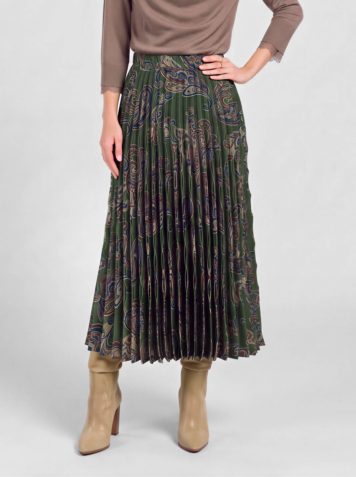 Paisley Pleated Midi Skirt