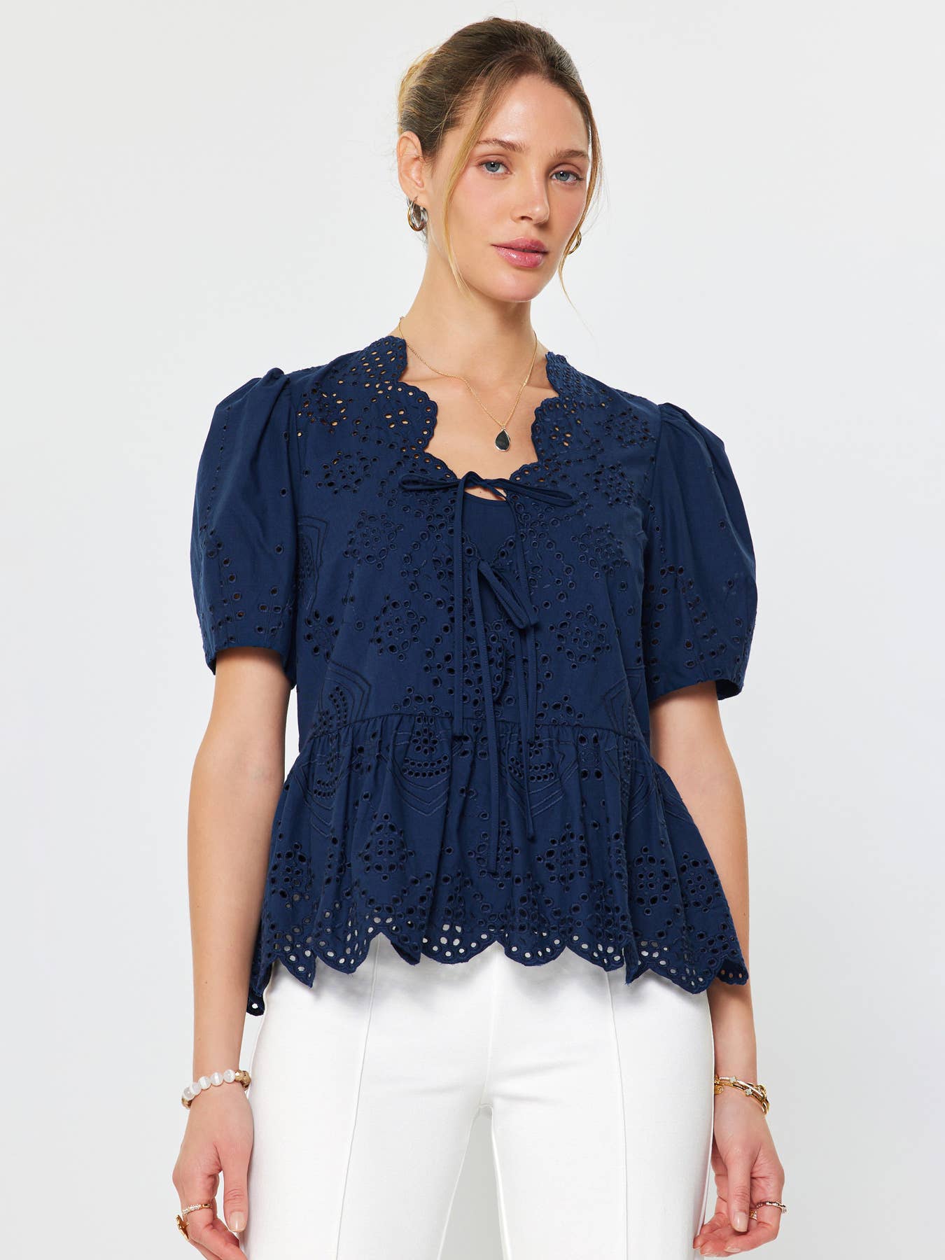Tie Front Eyelet Embroidered Blouse