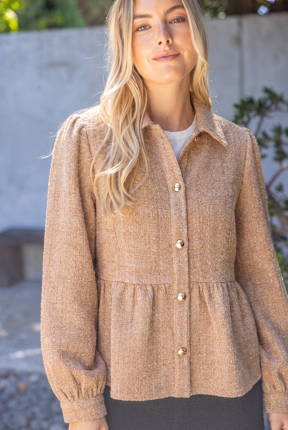 Gold Button Tweed Peplum Jacket