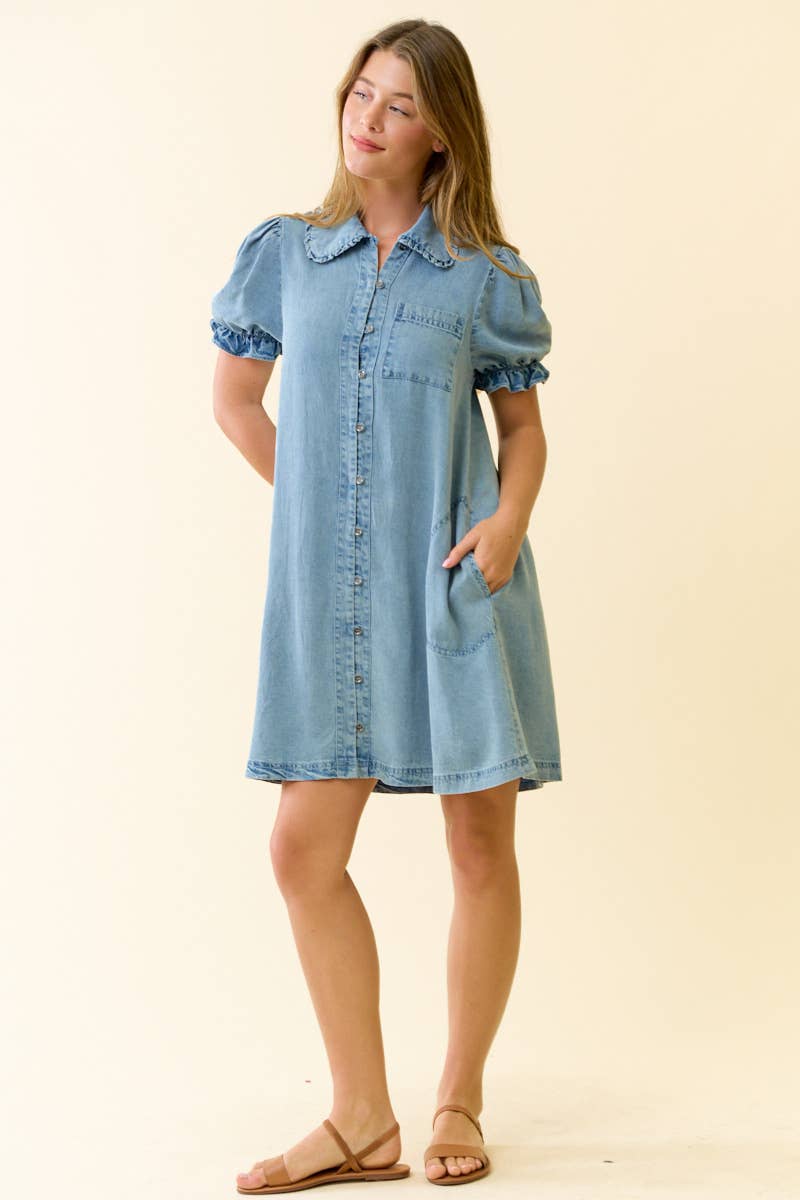 DENIM RUFFLE DETAIL MINI DRESS