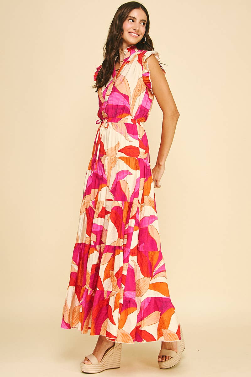 LEAF PRINT TIERED DRESS