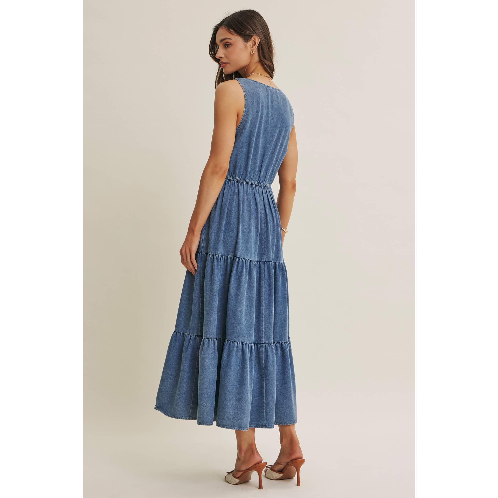 DENIM TIERED MIDI DRESS