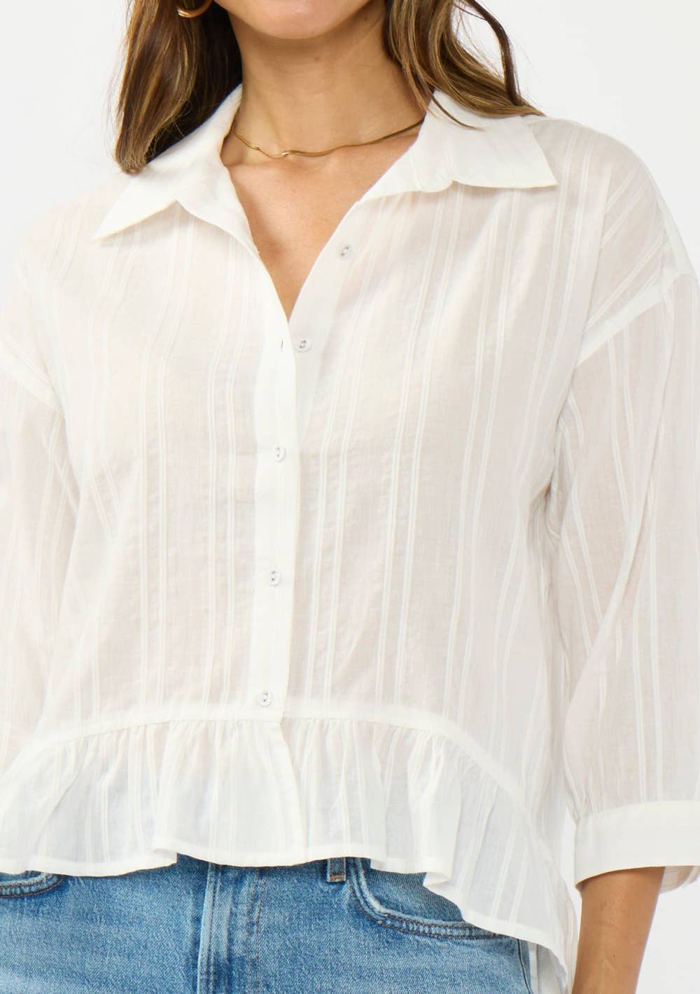 Embroidered Pintuck Button Down Top