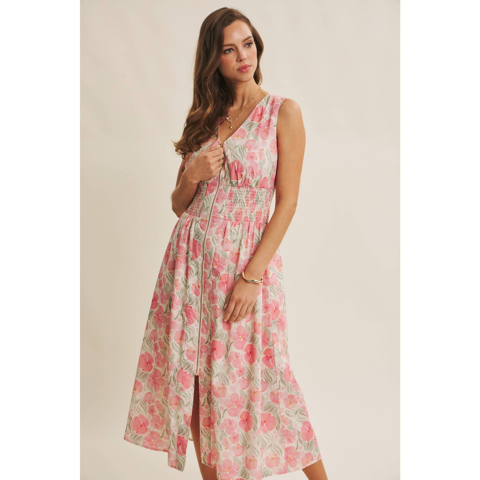 ZIP-FRONT COTTON MIDI DRESS