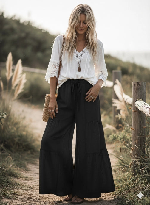 Linen Blend Tiered Wide Leg Pants