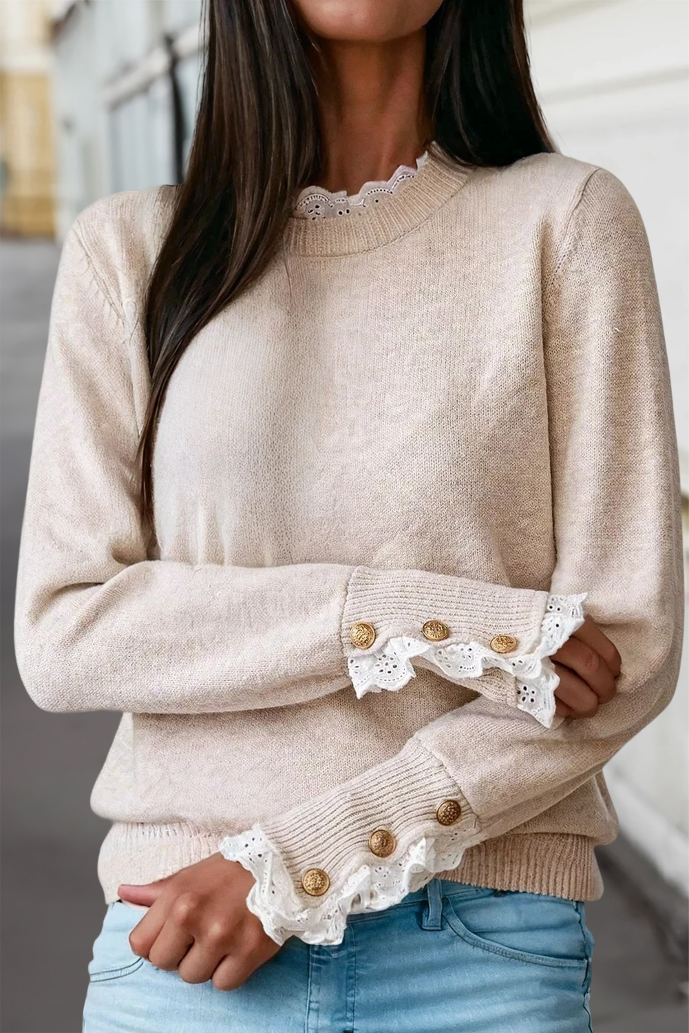 Lace Trim Buttoned Cuffs Sweater