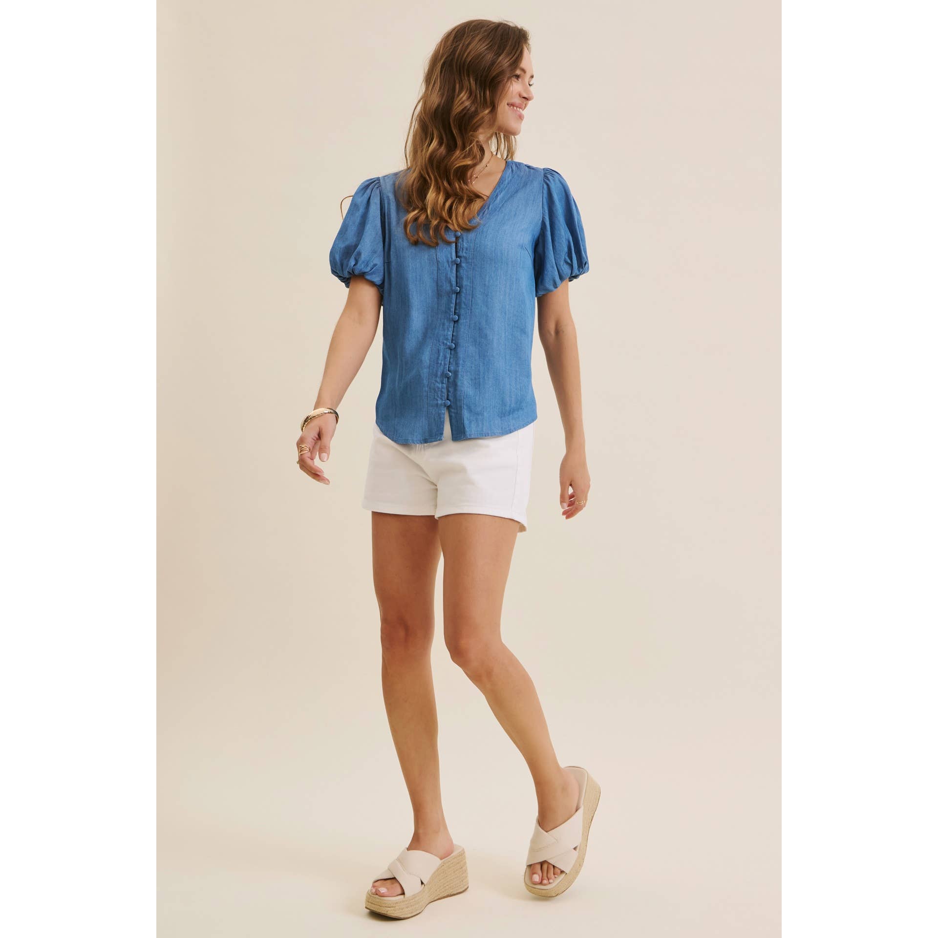 DENIM BUBBLE-SLEEVES TOP