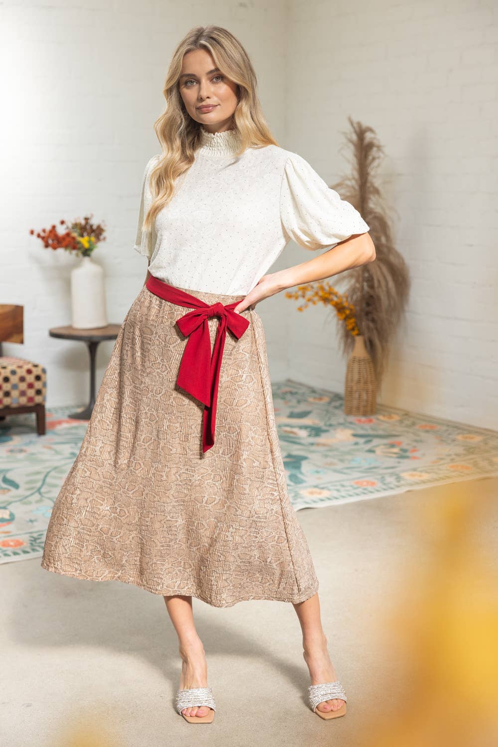 Red Belt Animal Print Midi Skirt