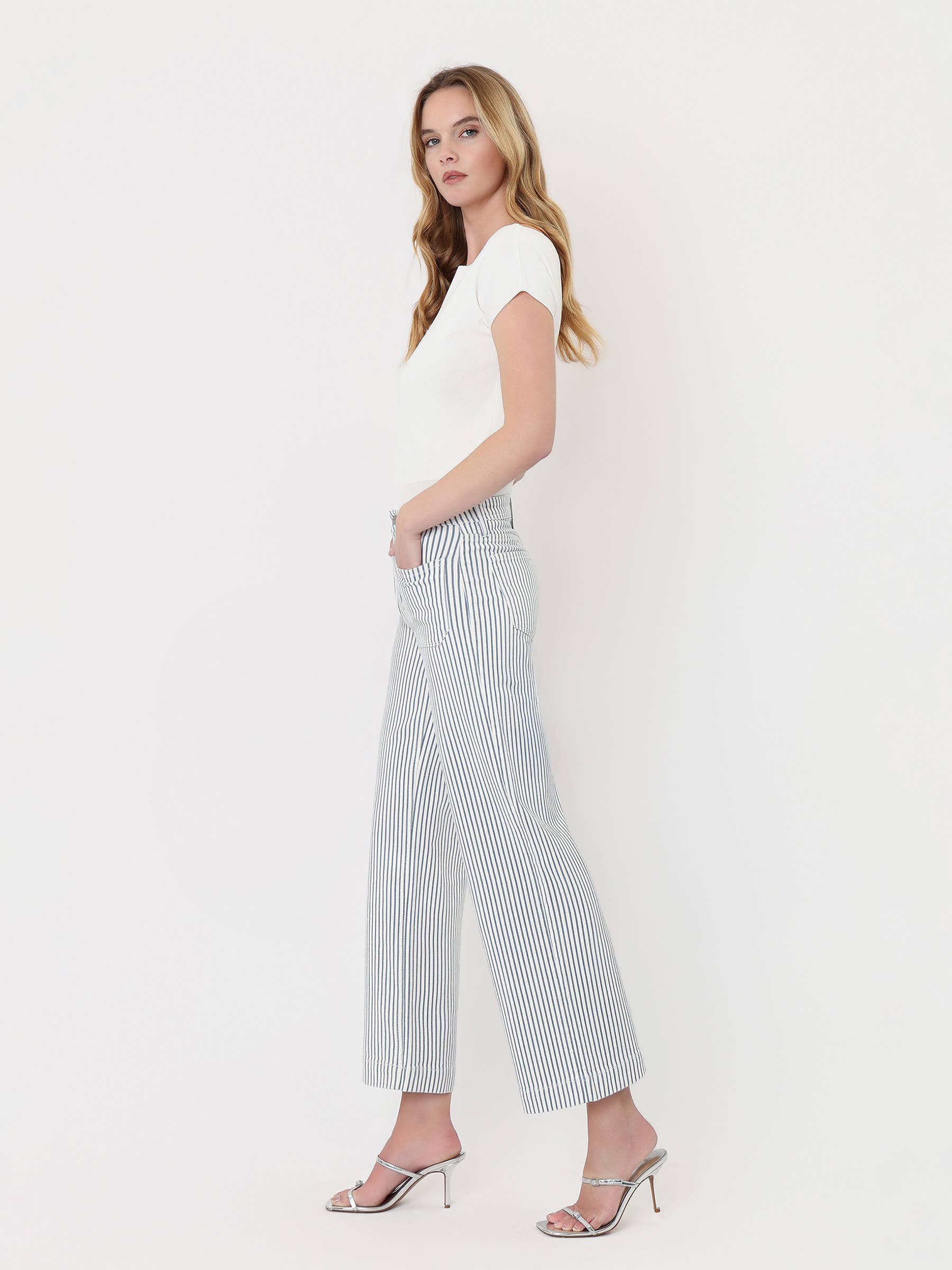 STRIPE HIGH RISE WIDE LEG JEANS