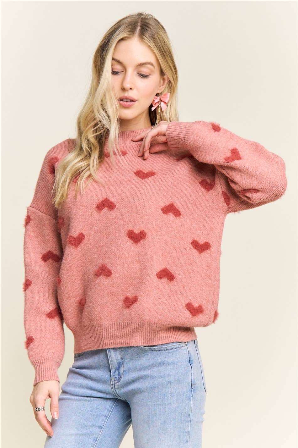 DROP SHOULDER HEART PATTERN SWEATER