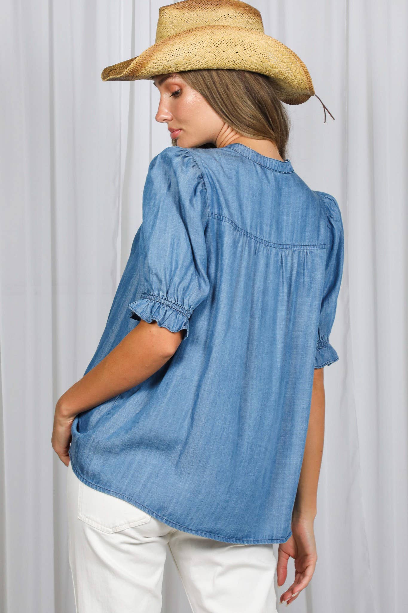 Ruffle Embellished Chambray Shirt
