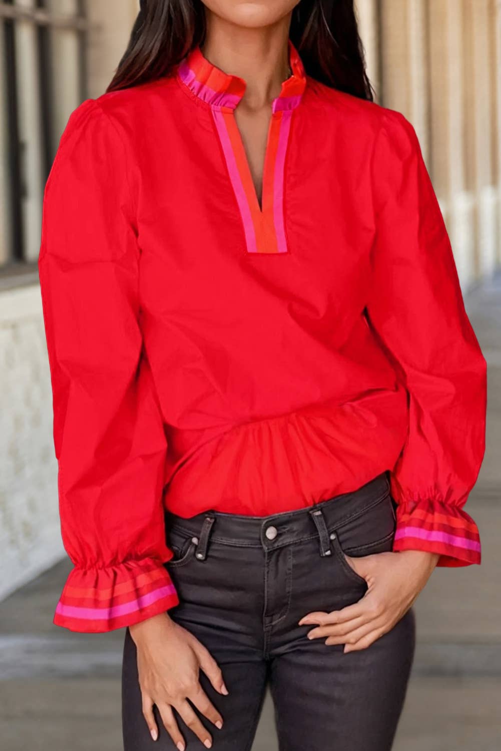 Stripe Trim Ruffle V Neck