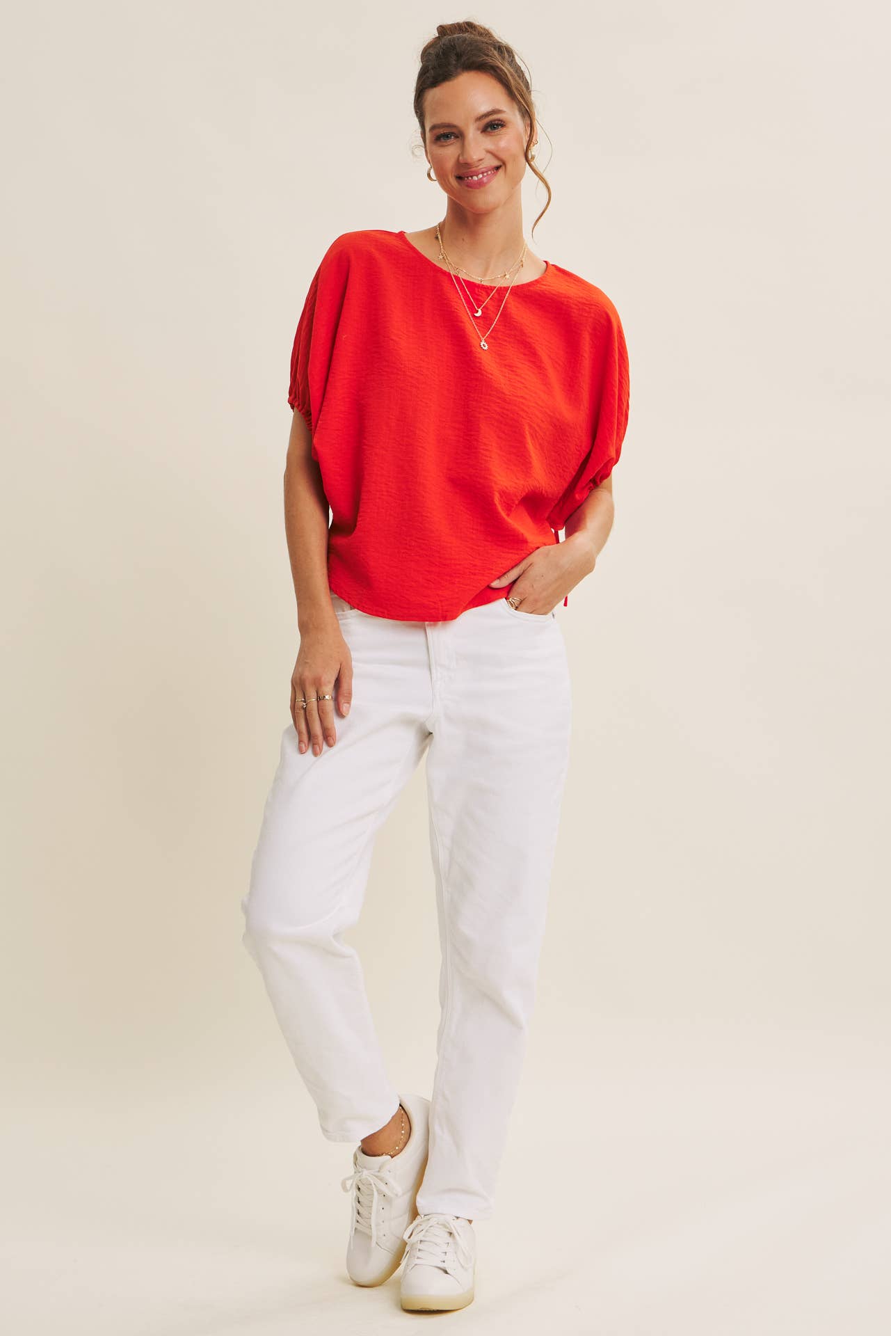 BLOUSE WITH RUCHED DOLMAN SLEEVES