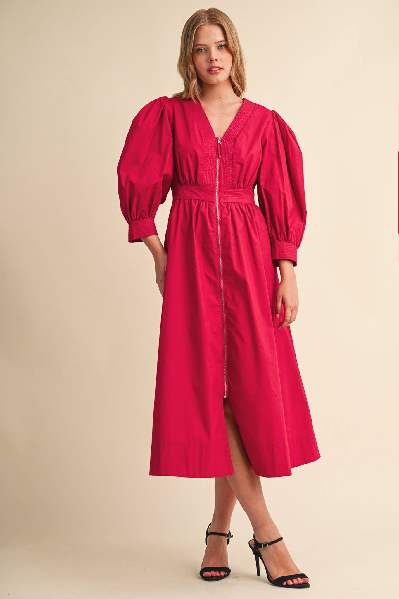 PUFF SLEEVE MIDI DRESS