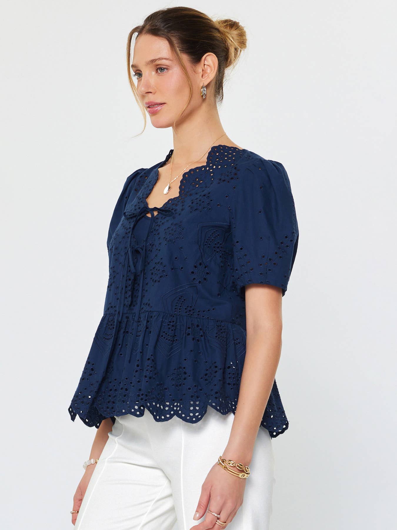 Tie Front Eyelet Embroidered Blouse