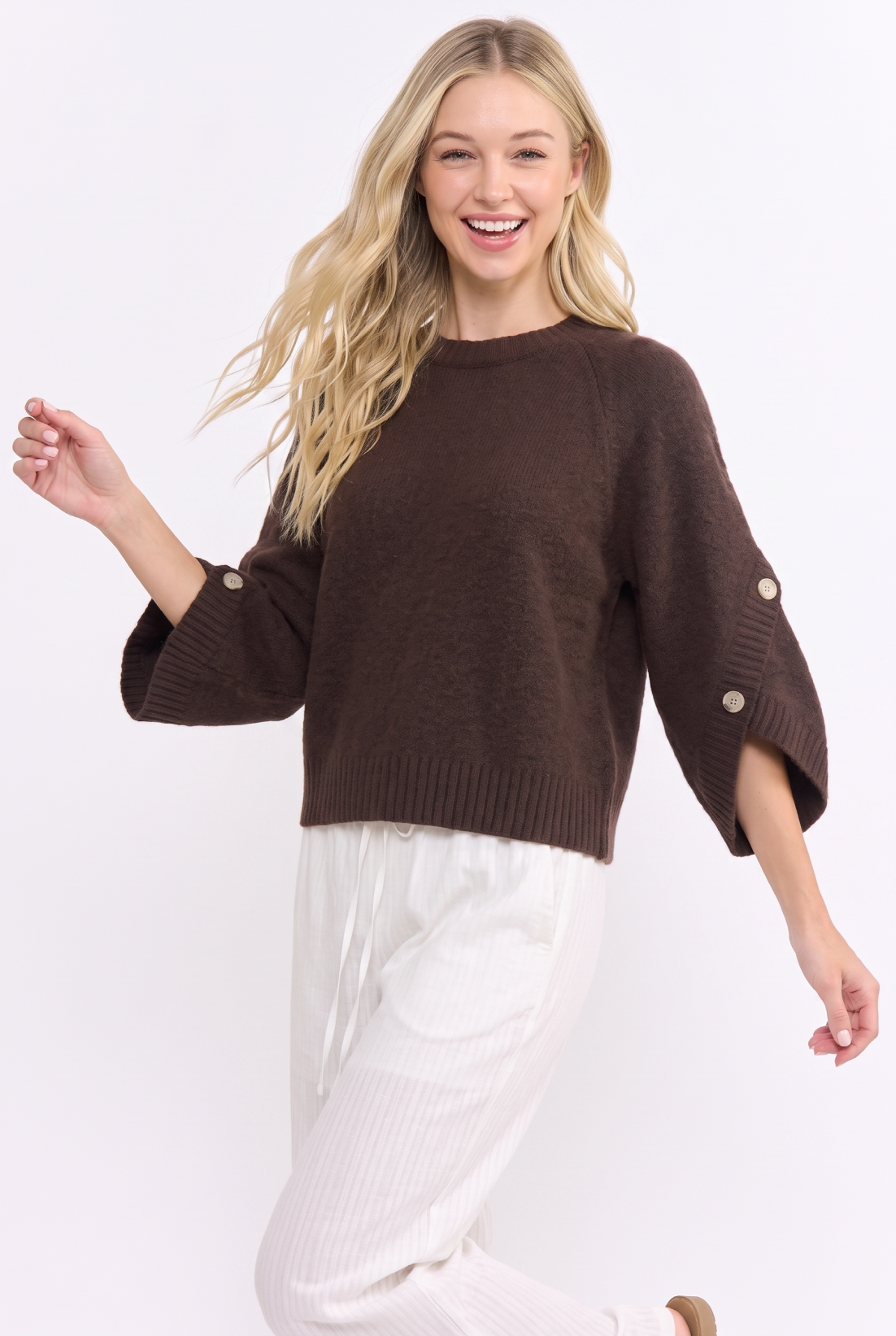 BUTTON SLEEVE KNIT PULLOVER