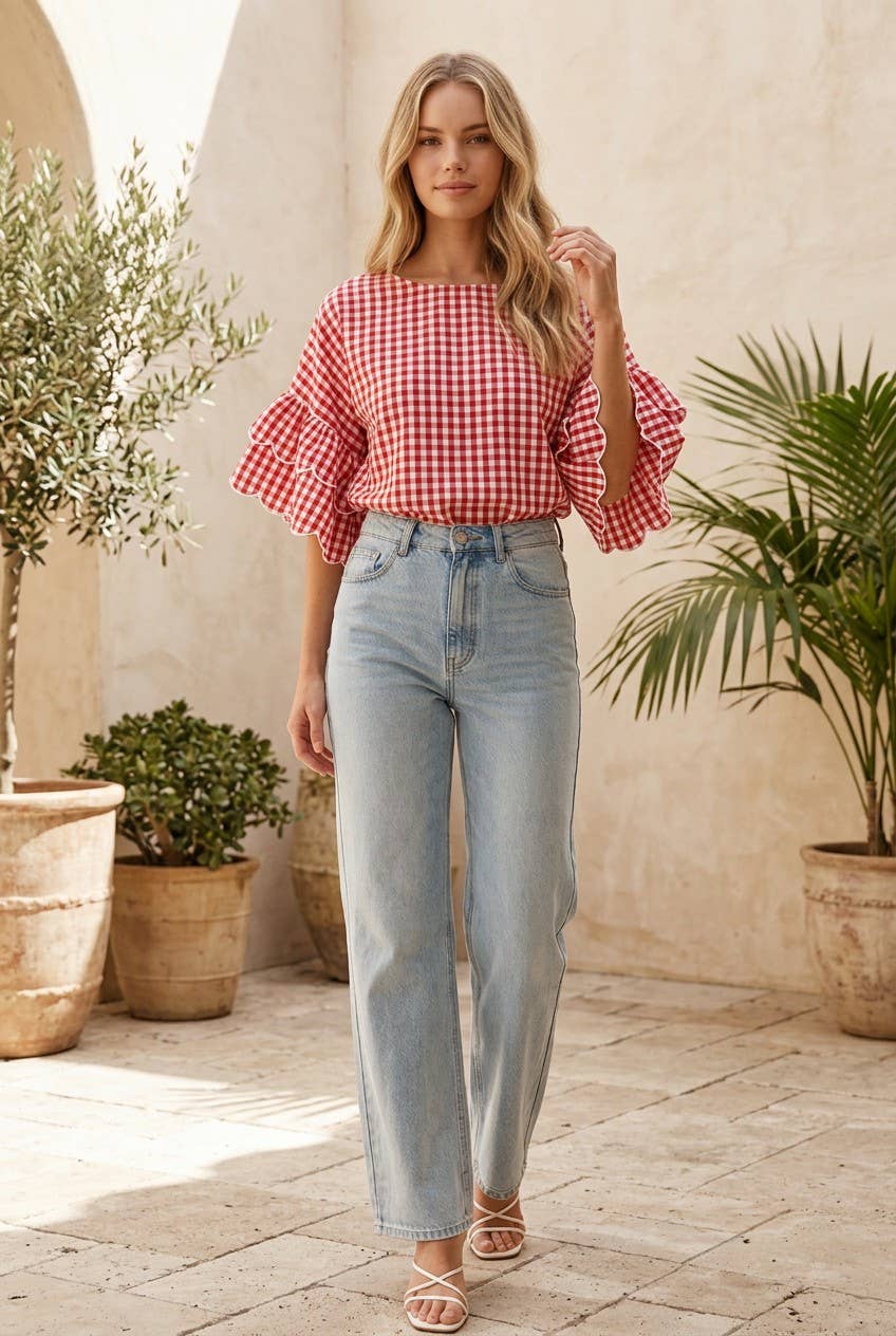 Gingham Ruffle Cotton Top