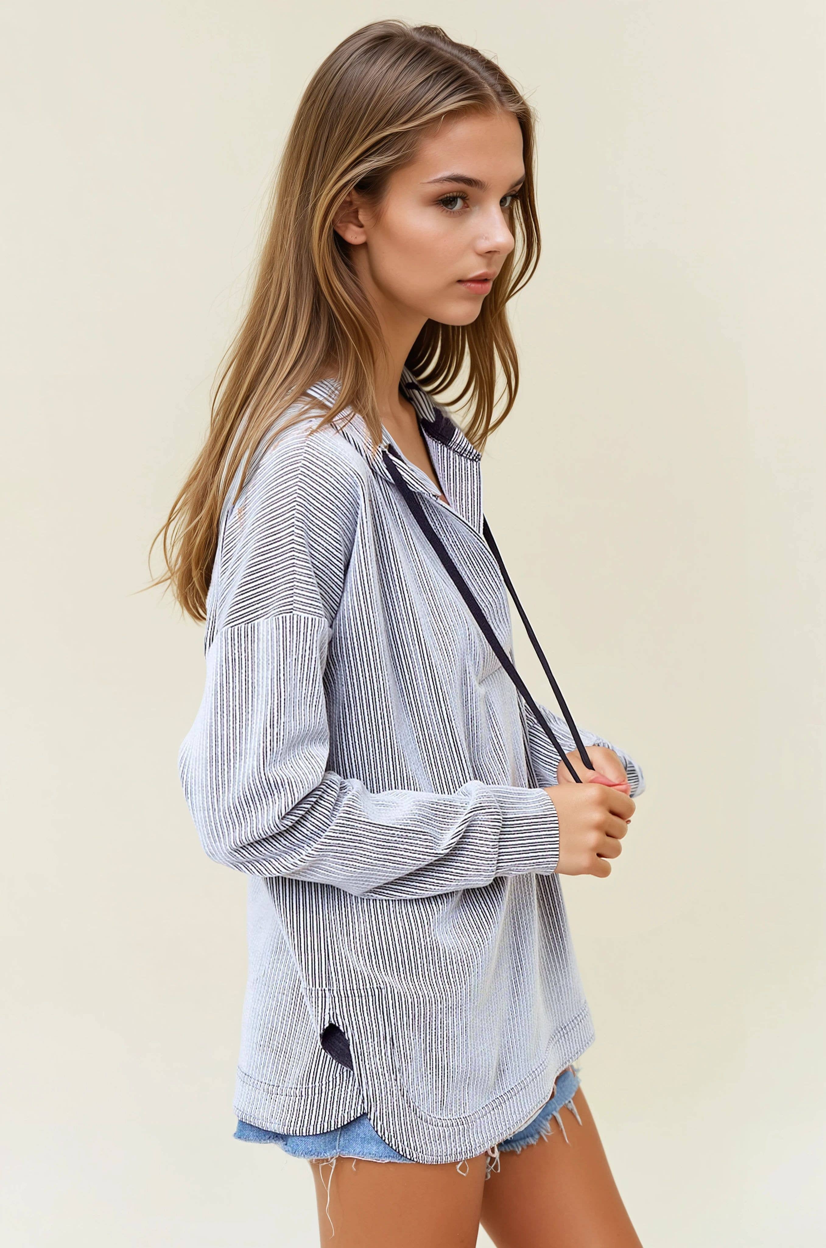 V-Neckline Long Hooded Sweatshirt