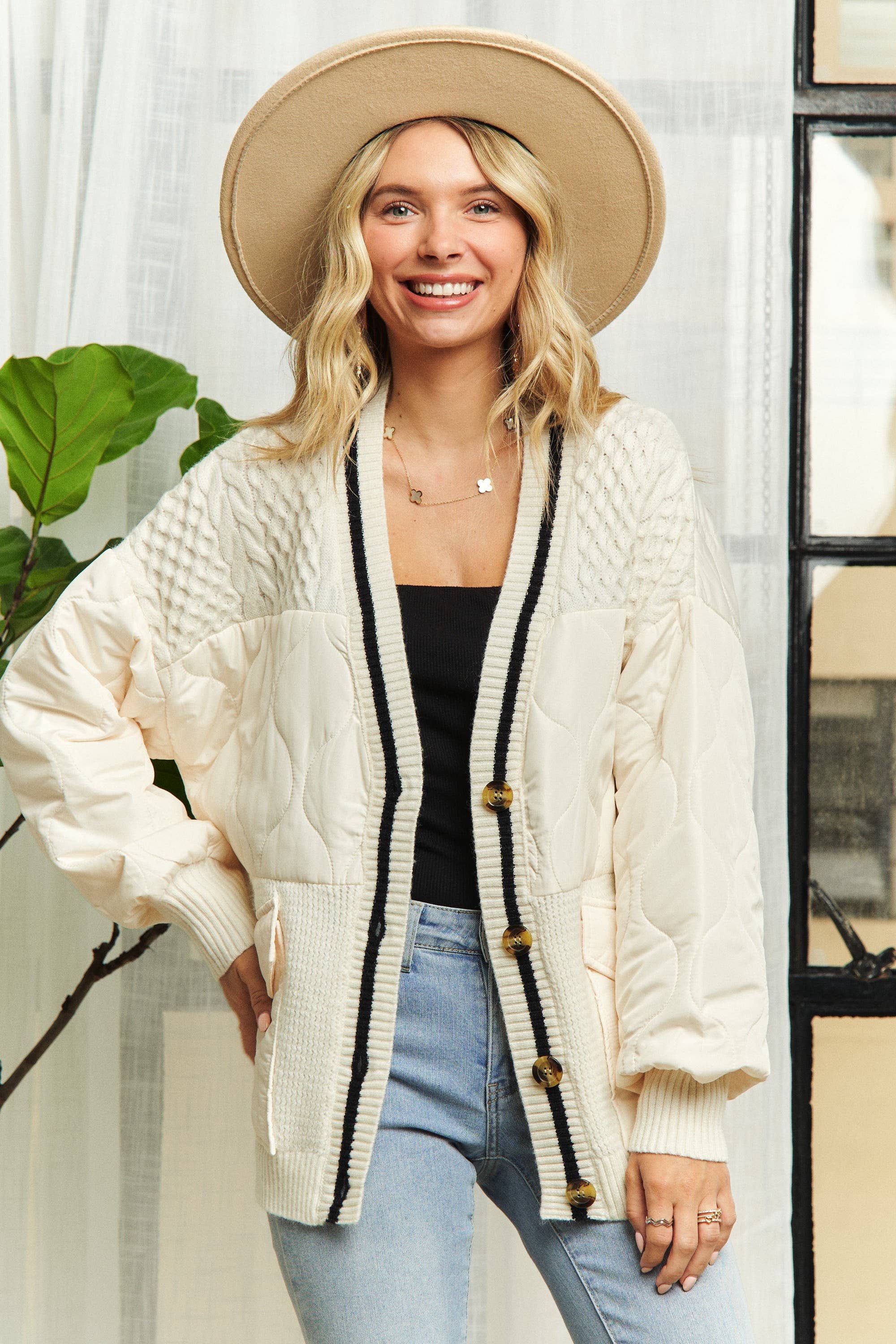 BUTTON DOWN QUILTED SWEATER CARDIGAN
