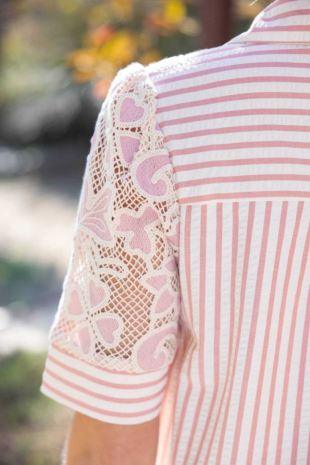 V-Neck Stripe and Lace Mixed Fabric Top