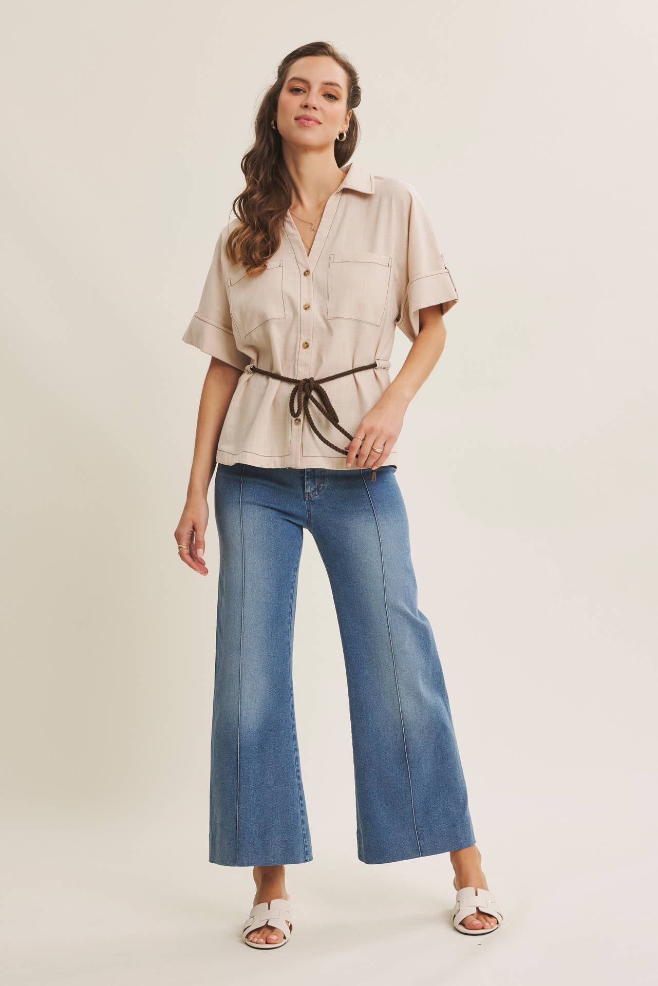 PINTUCK ANKLE LENGTH WIDE-LEG DENIM PANTS
