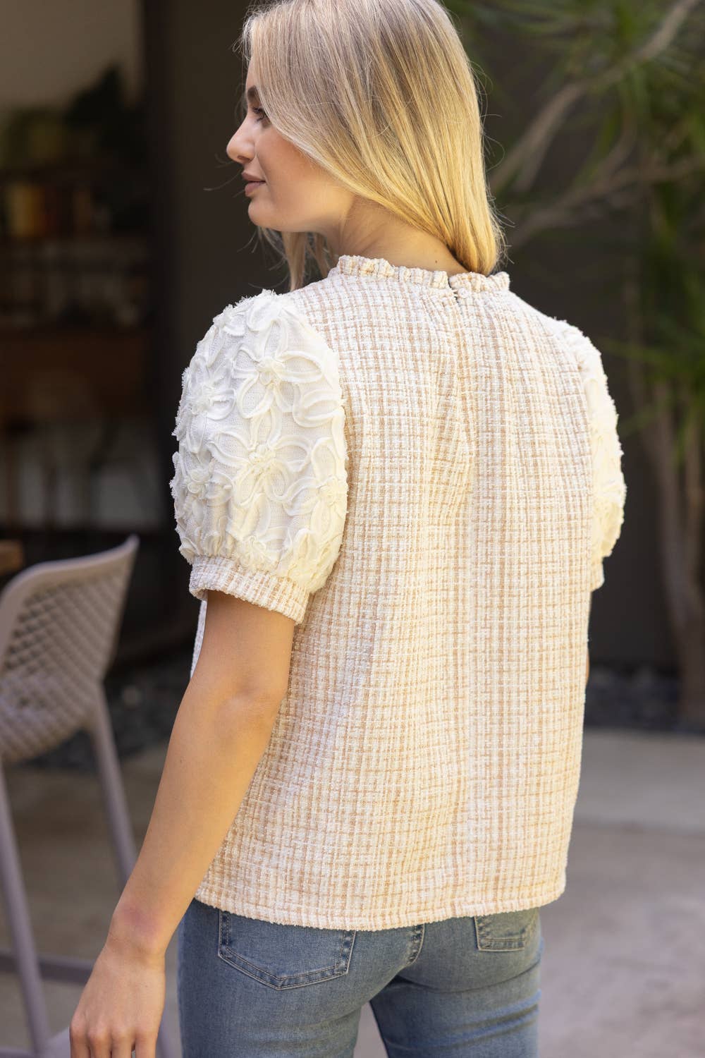 Floral Lace Sleeve Tweed Top