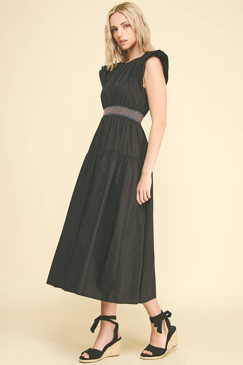 MIDI DRESS WITH SMOCKED WAISTBAND