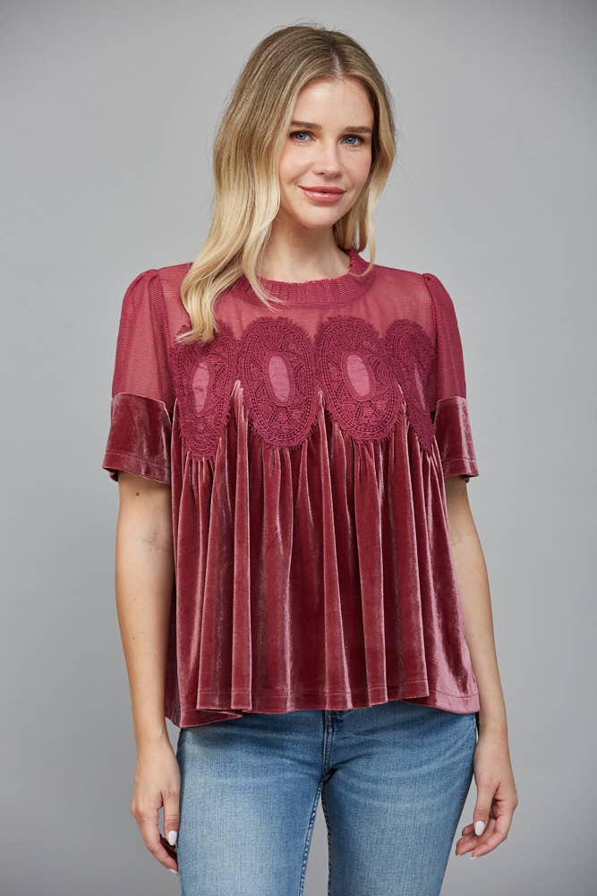 LACE DETAIL VELVET BABYDOLL TOP