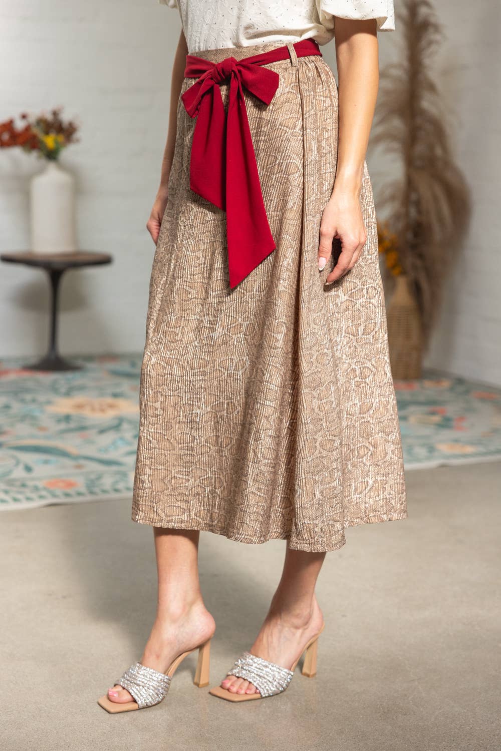 Red Belt Animal Print Midi Skirt