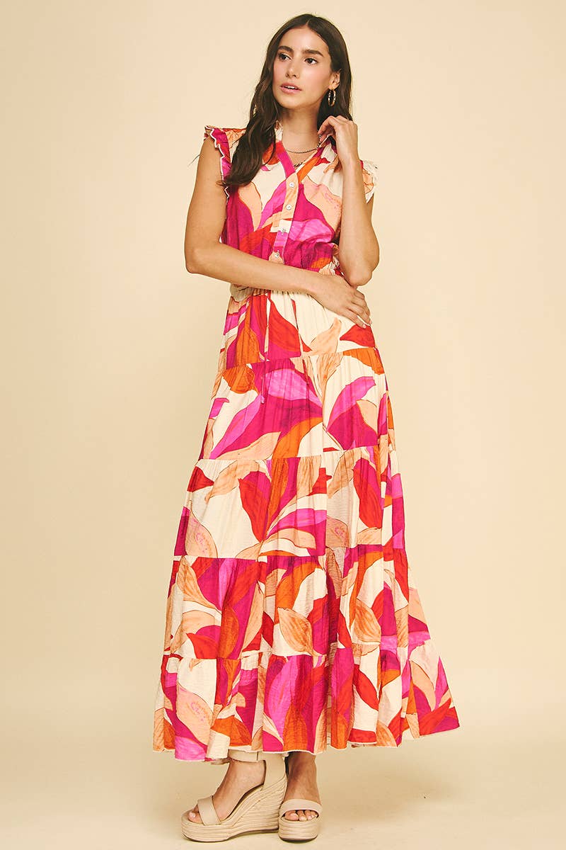 LEAF PRINT TIERED DRESS