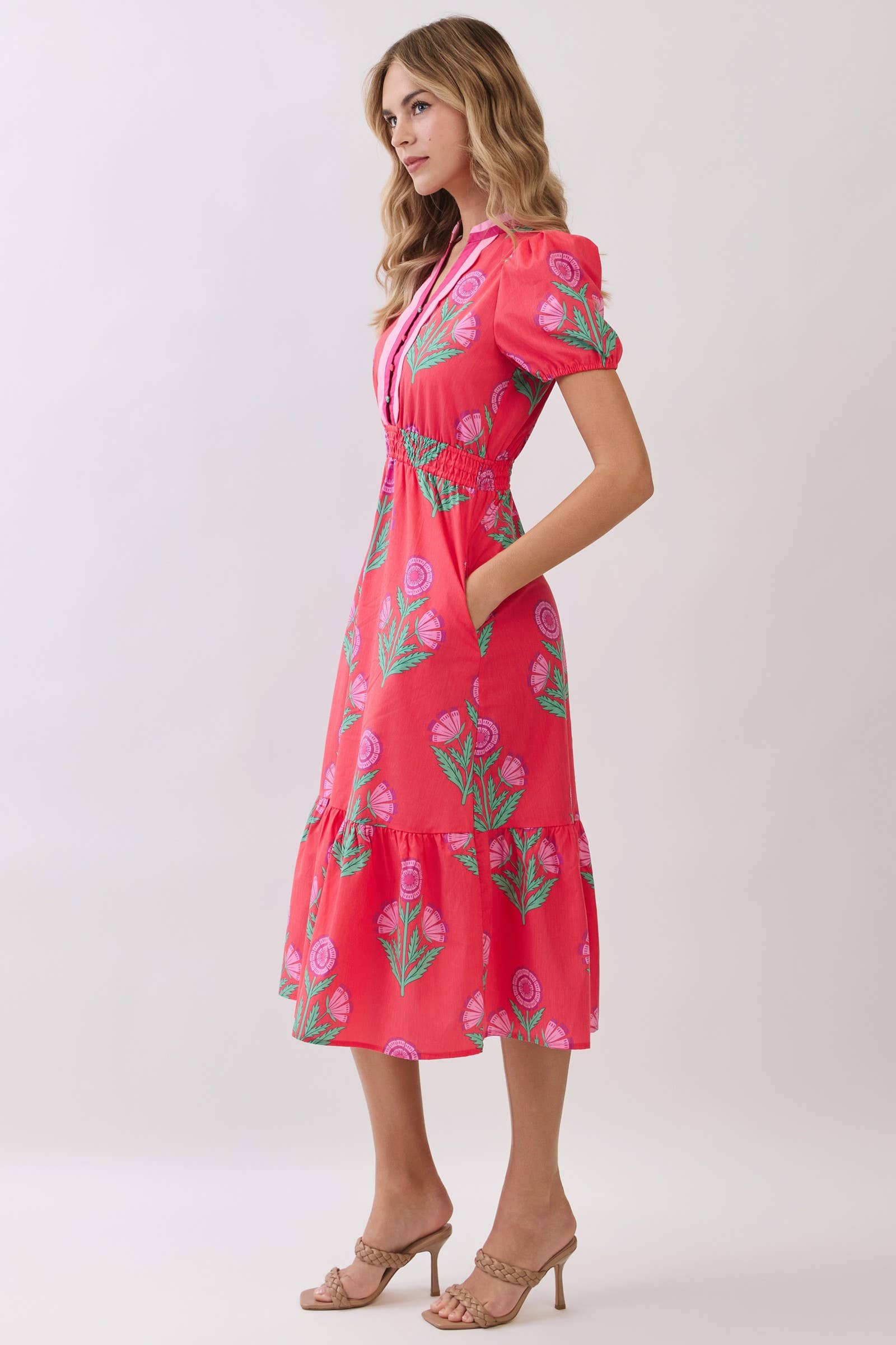 Floral Print Puff Sleeve Midi Dress