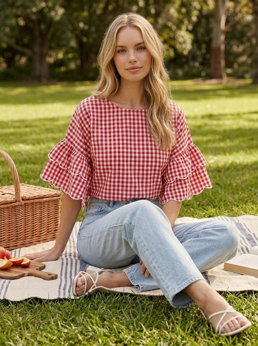 Gingham Ruffle Cotton Top