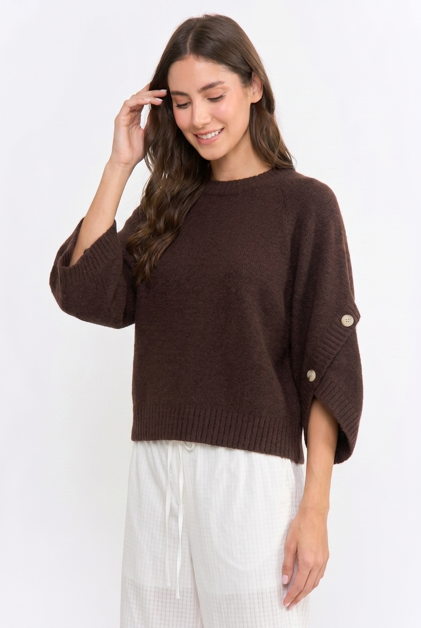 BUTTON SLEEVE KNIT PULLOVER