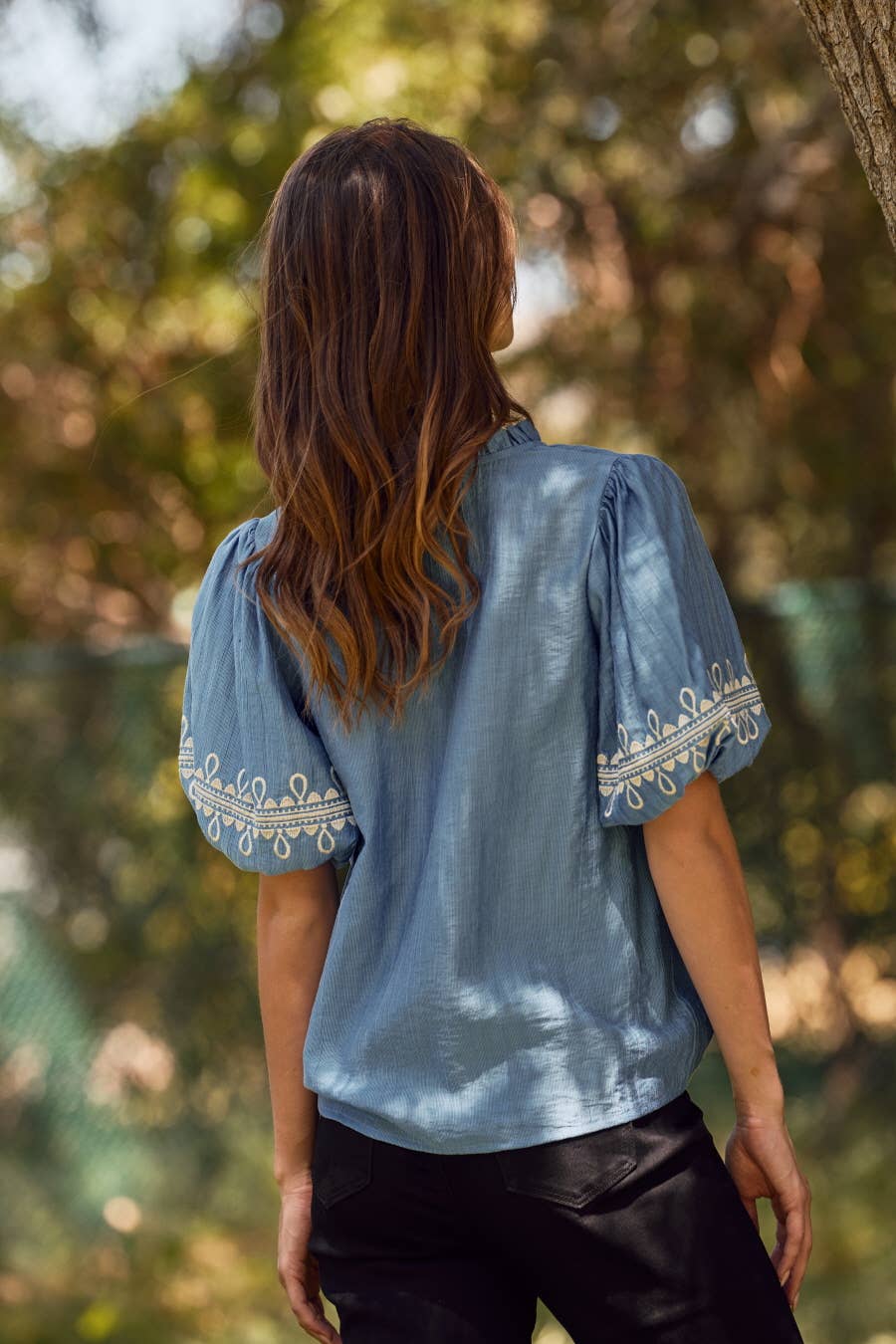 Embroidered Bubble Sleeve Blouse