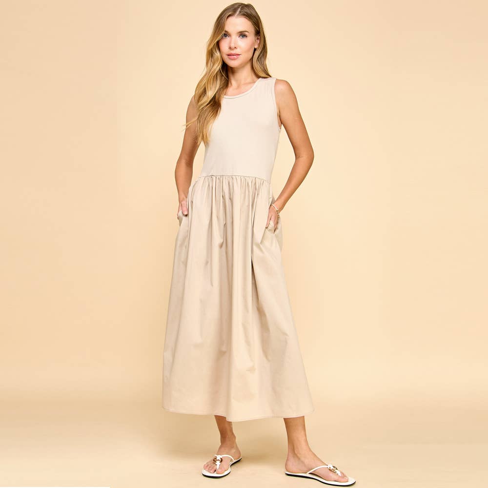 Solid Contrast Dress With Ribbed Top