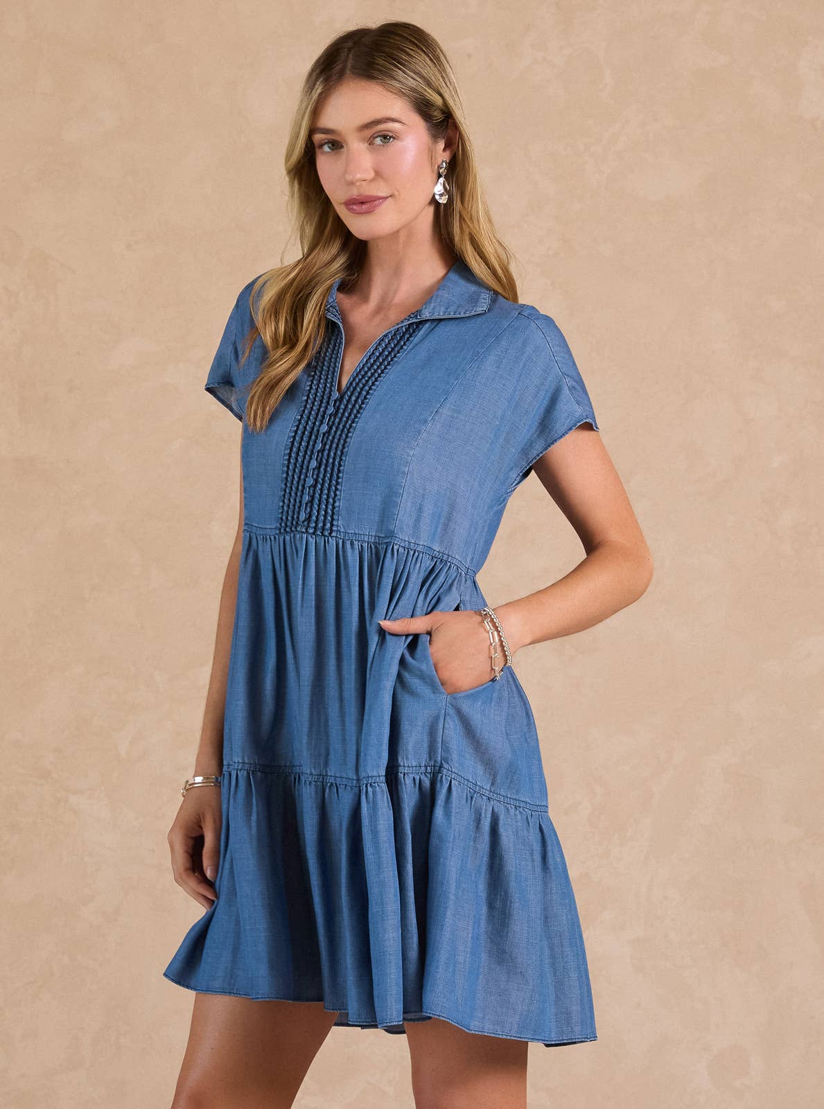 Chambray Tiered Mini Dress