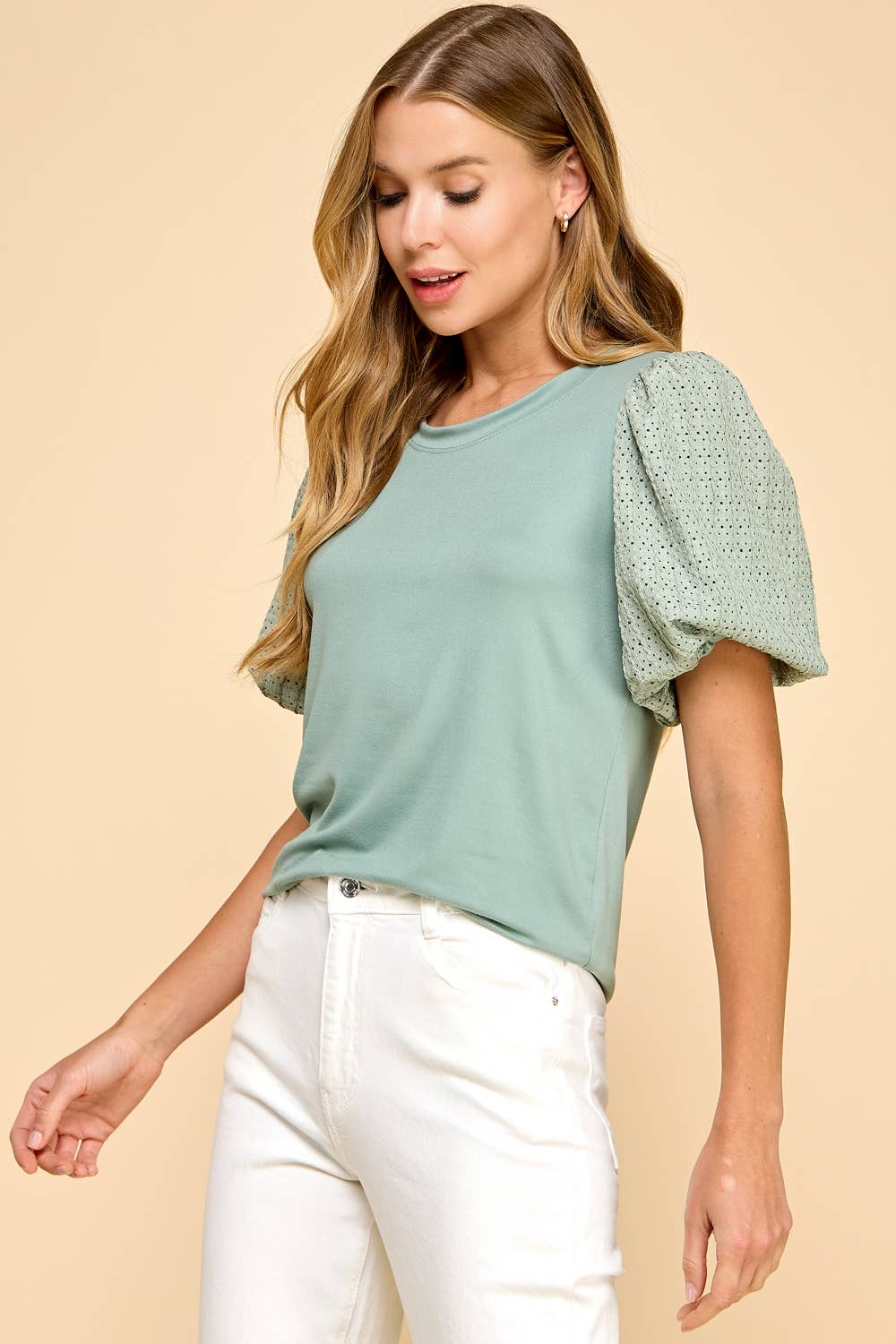 Solid Top with Contrast Puffed Sleeves