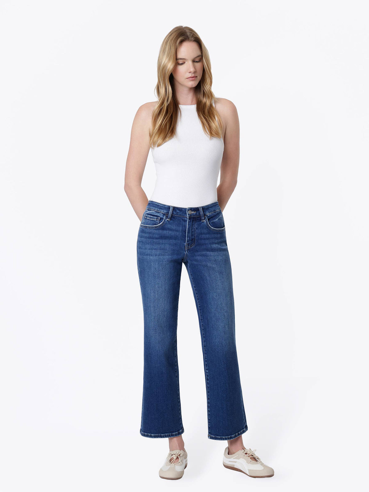 MID RISE DARK WASH ANKLE SLIM WIDE JEANS LV2357