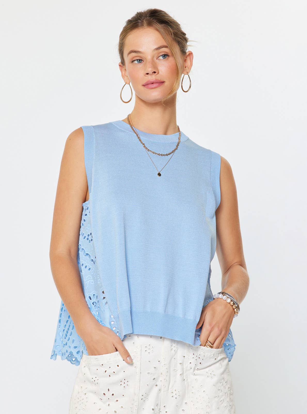 Pleated Eyelet Back Sleeveless Sweater