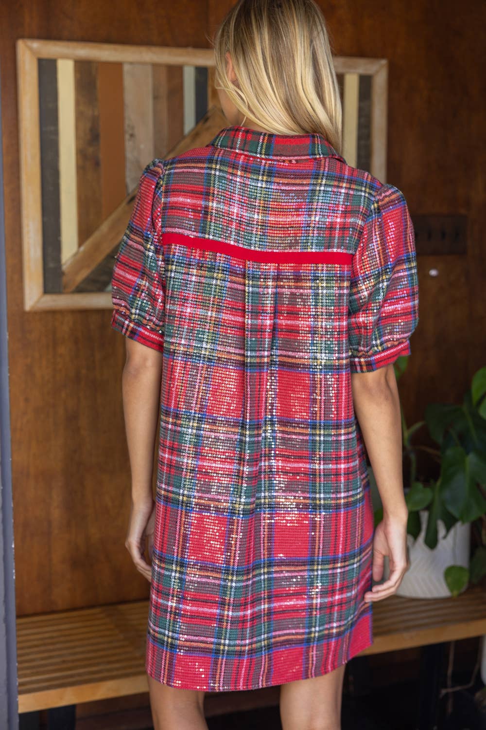 Button Down Plaid Sequins Dress
