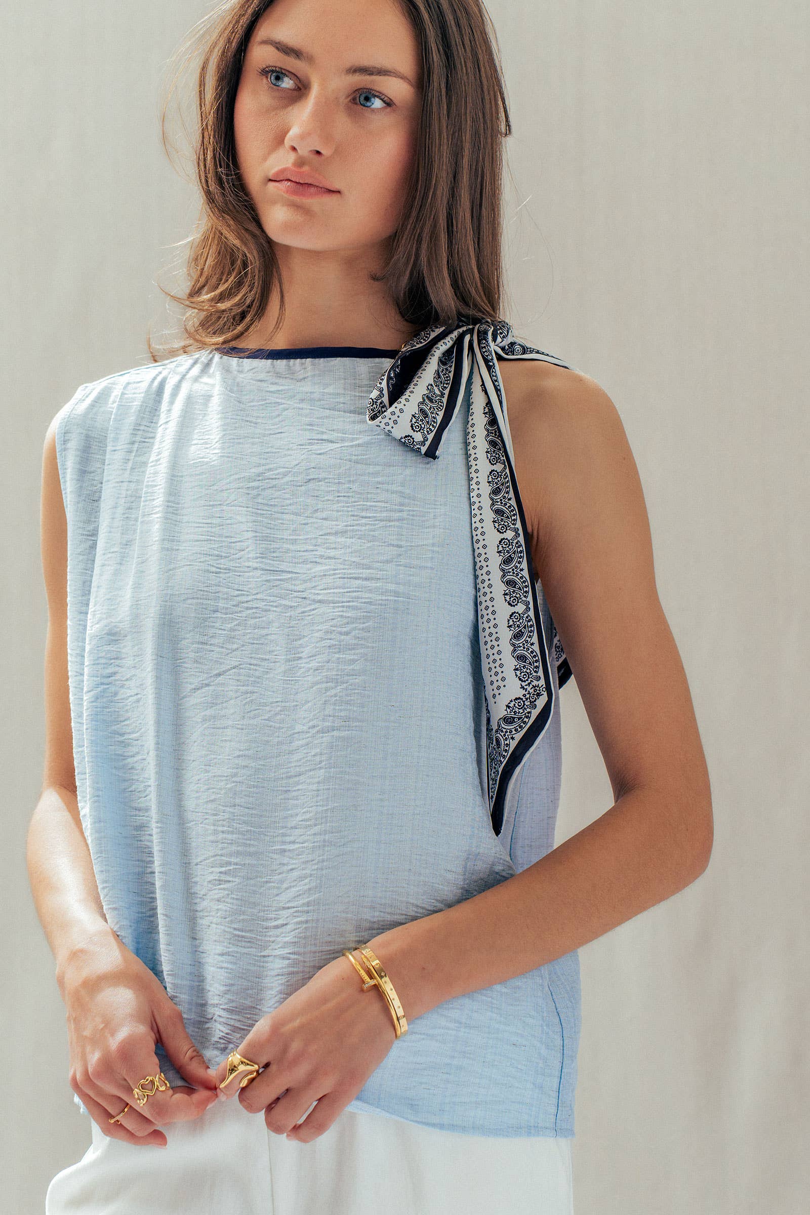 Paisley Scarf Tie Shoulder Linen Blend Top