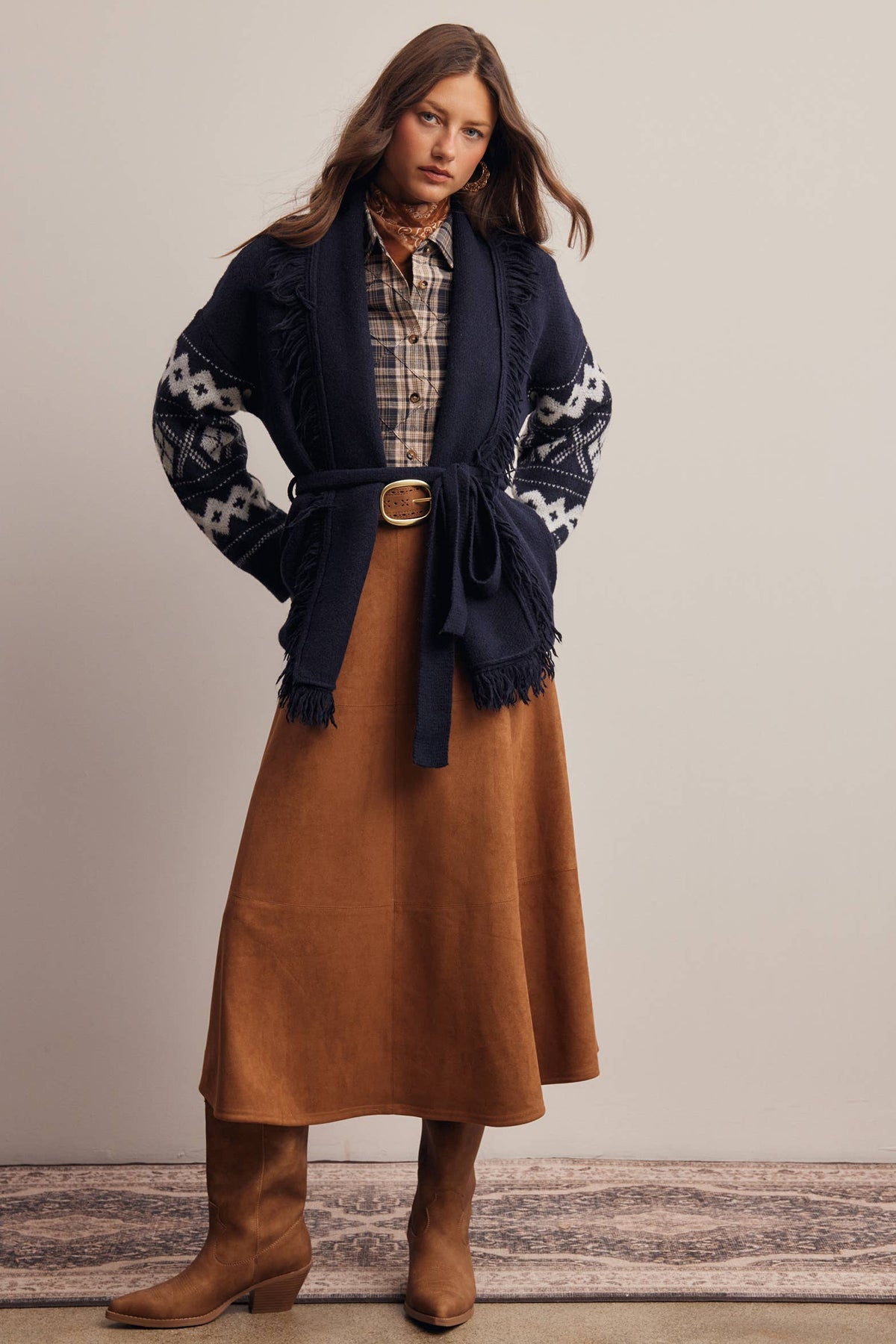 Fringe Trim Belted Western Cardigan