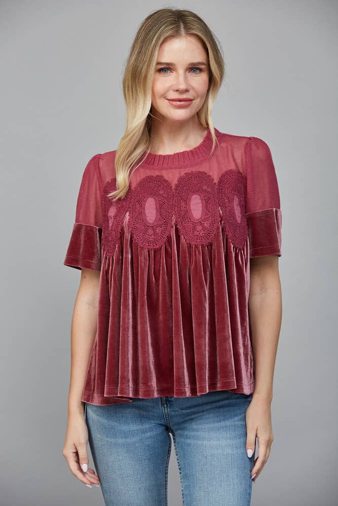 LACE DETAIL VELVET BABYDOLL TOP