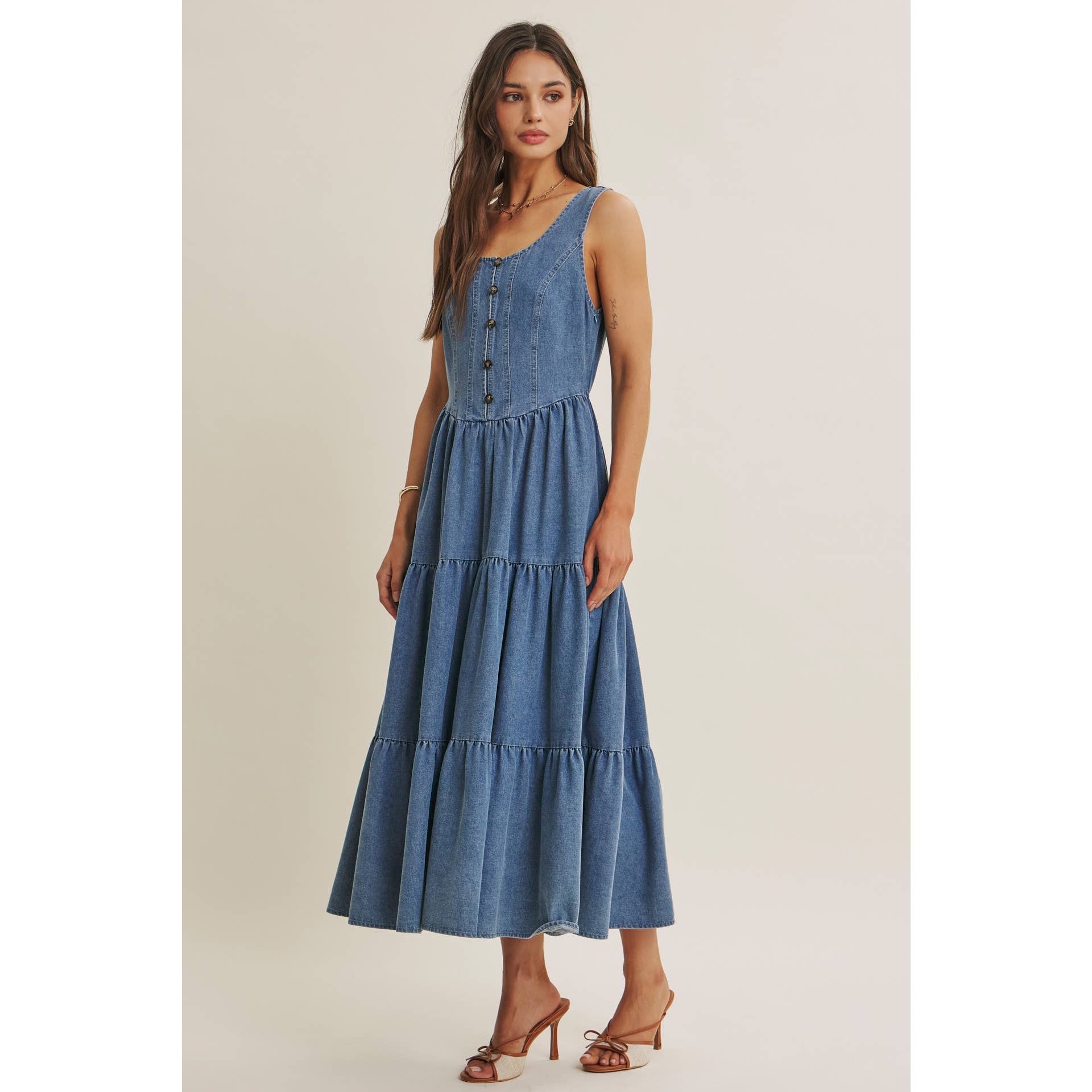 DENIM TIERED MIDI DRESS