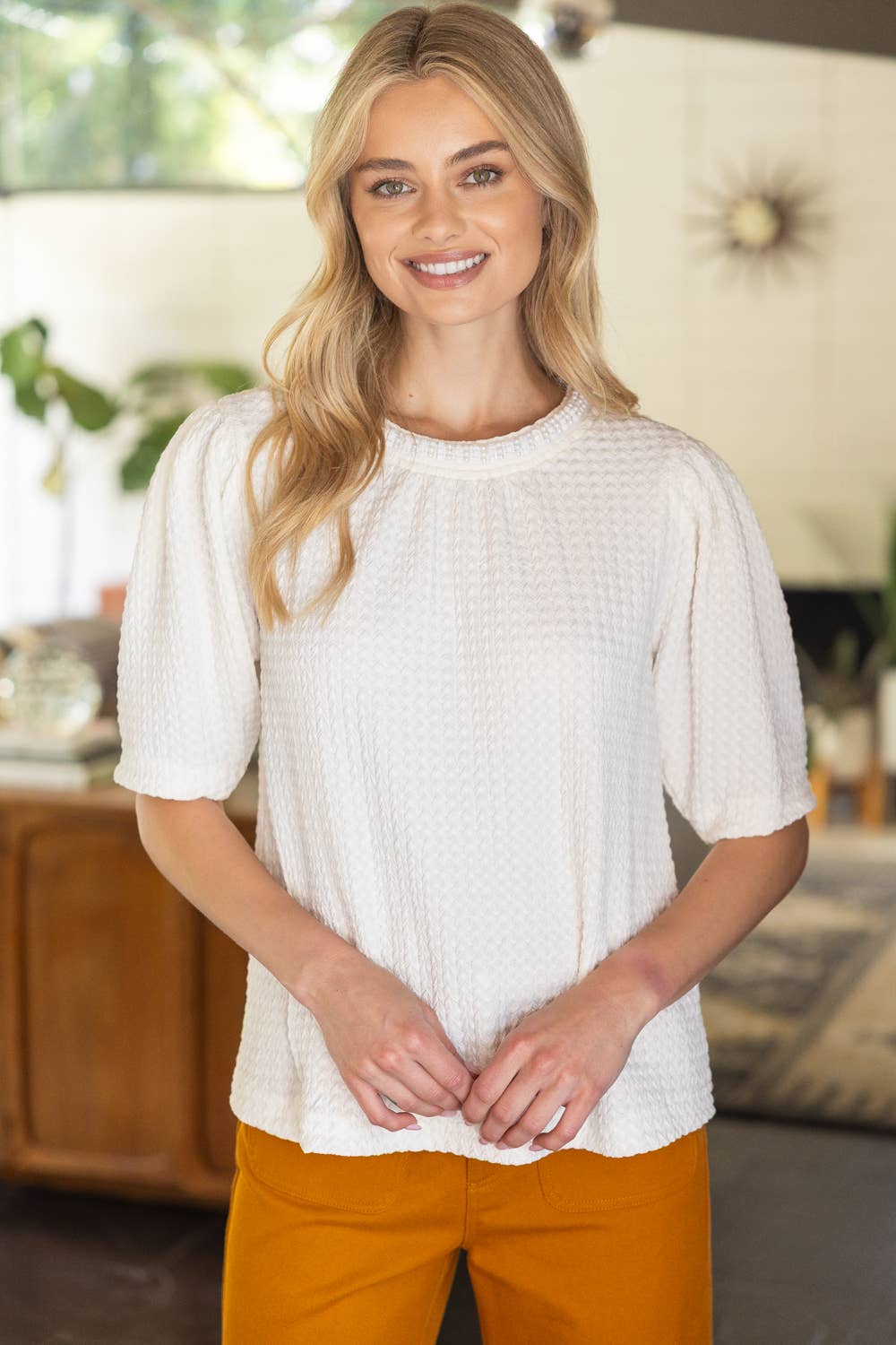 Pearl Neck Trim Textured Knit Top