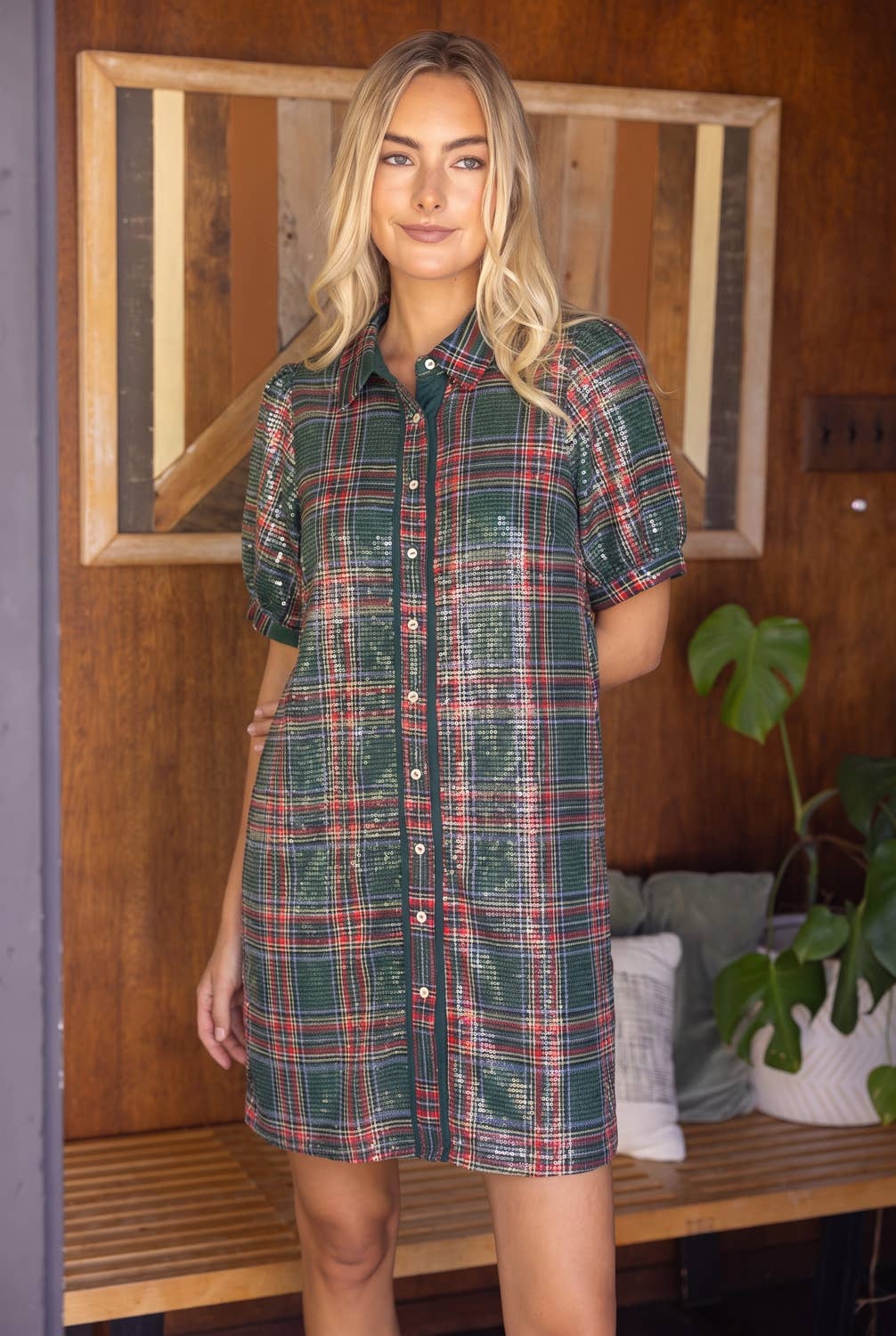 Button Down Plaid Sequins Dress