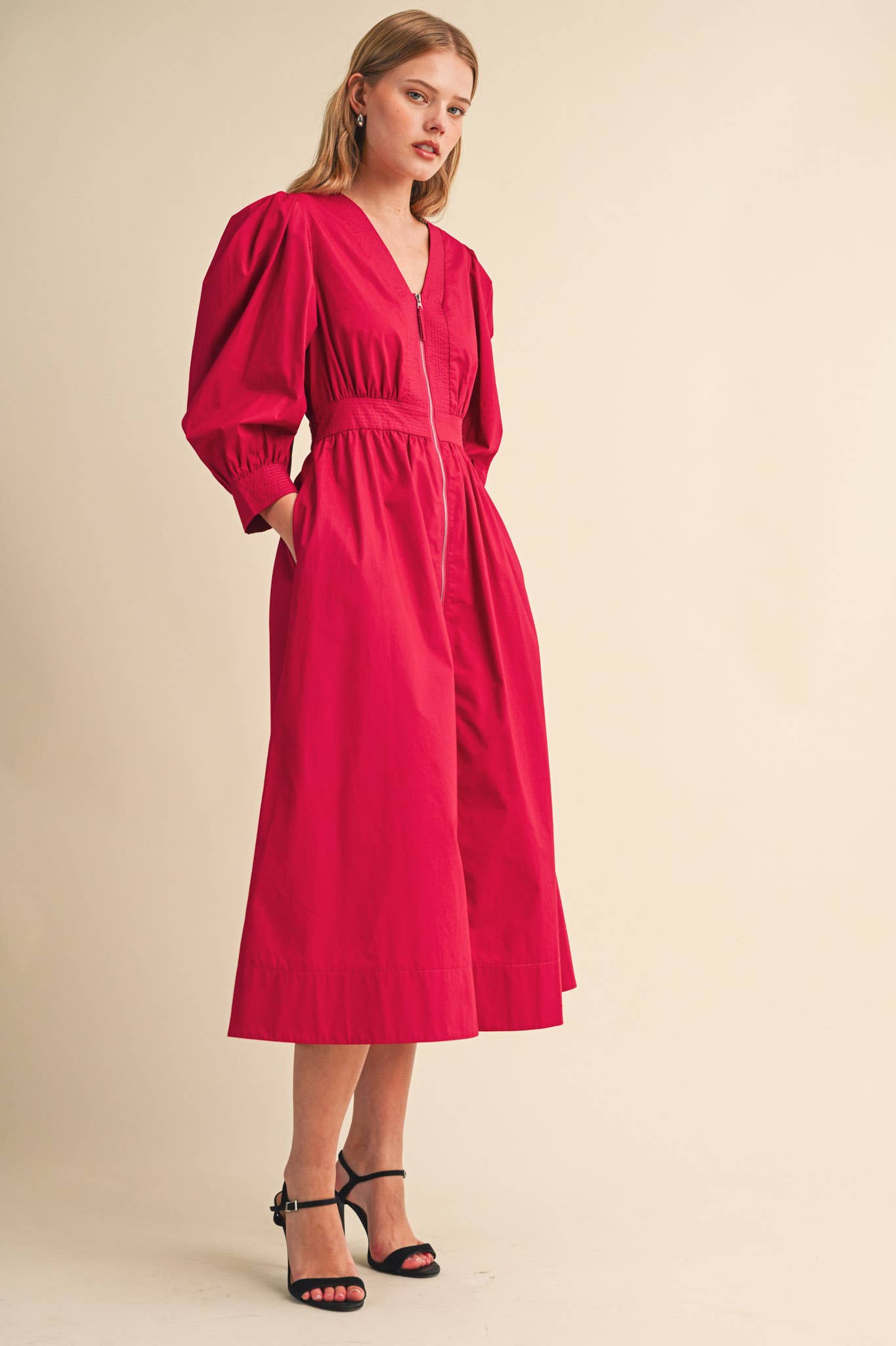 PUFF SLEEVE MIDI DRESS