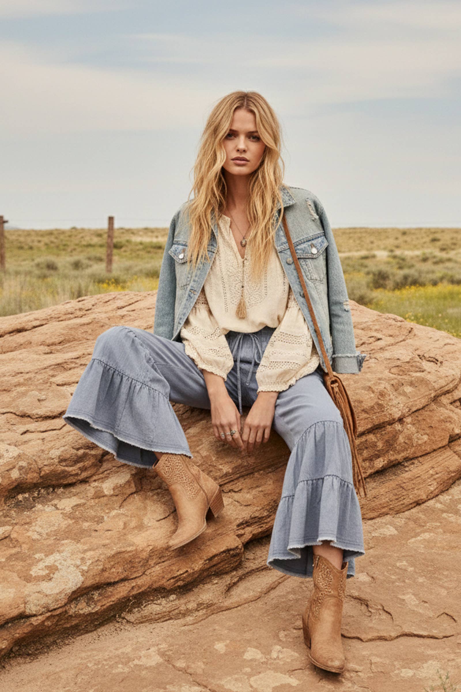 Stone Washed Ruffle Wide Leg Pants