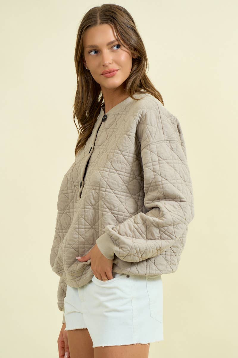 QUILTED BUTTON FRONT SWEATSHIRT