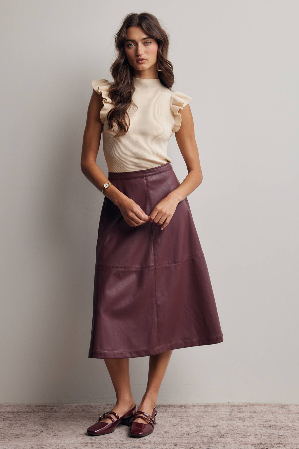 Faux Leather A-Line Midi Skirt